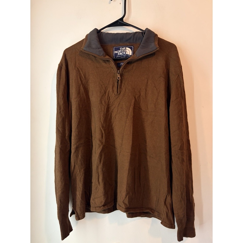 The North Face Mens L Wool Blend 1/4 Zip Pullover Sweater Mock Neck Brown Hiking